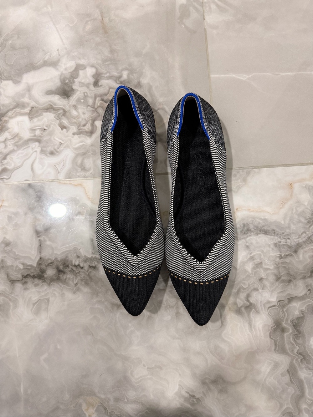 Rothy's Black and White Pointed Knit Flats with Blue Trim